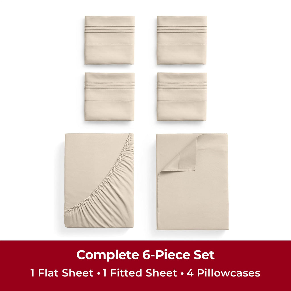 Mellanni Full Sheet Set - 6-Piece Iconic Collection Bedding, (Including 4 Pillowcases), 16-Inch Deep Pocket, Easy Care, Extra Soft, Cooling Sheets, Brushed Microfiber - Beige