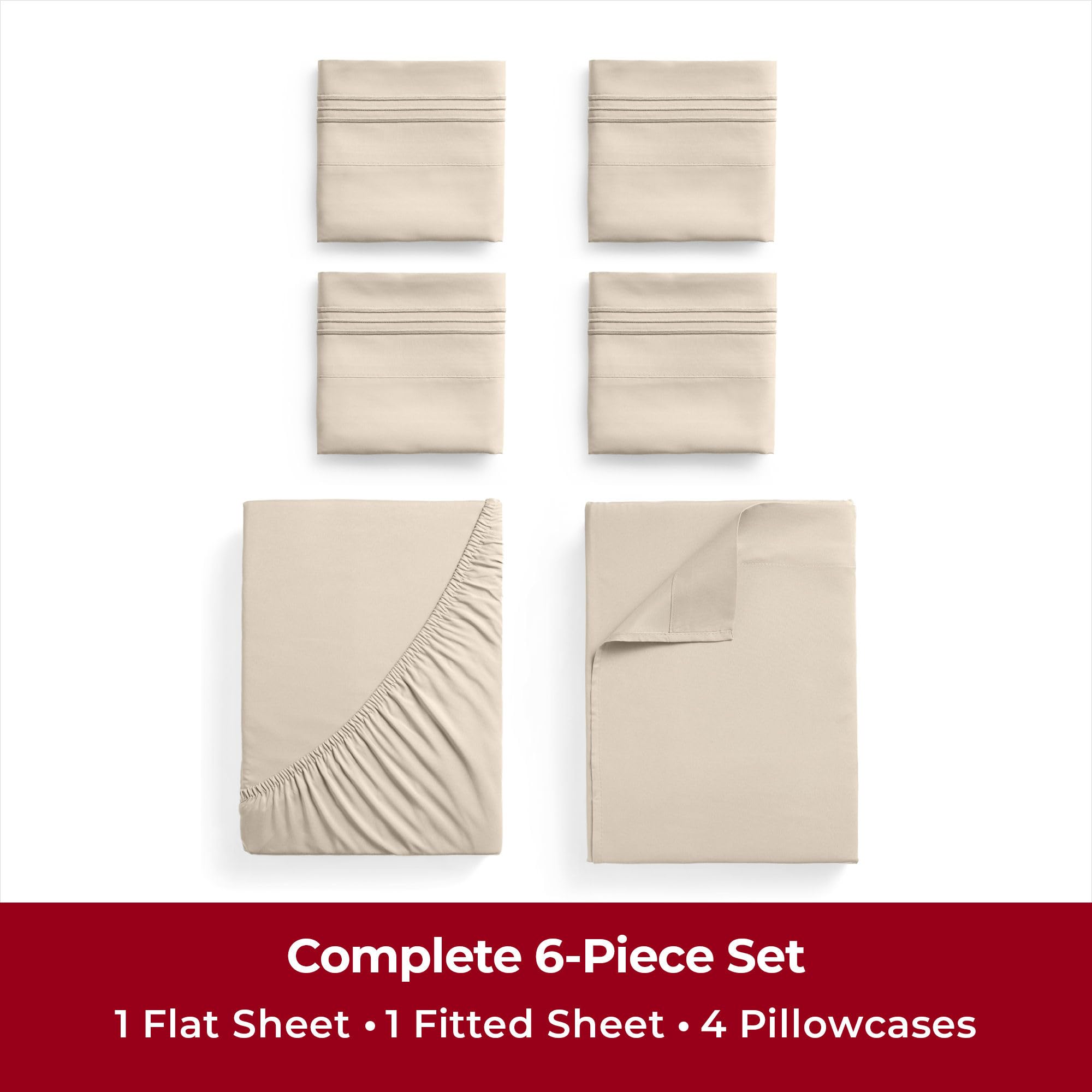 Mellanni Full Sheet Set - 6-Piece Iconic Collection Bedding, (Including 4 Pillowcases), 16-Inch Deep Pocket, Easy Care, Extra Soft, Cooling Sheets, Brushed Microfiber - Beige