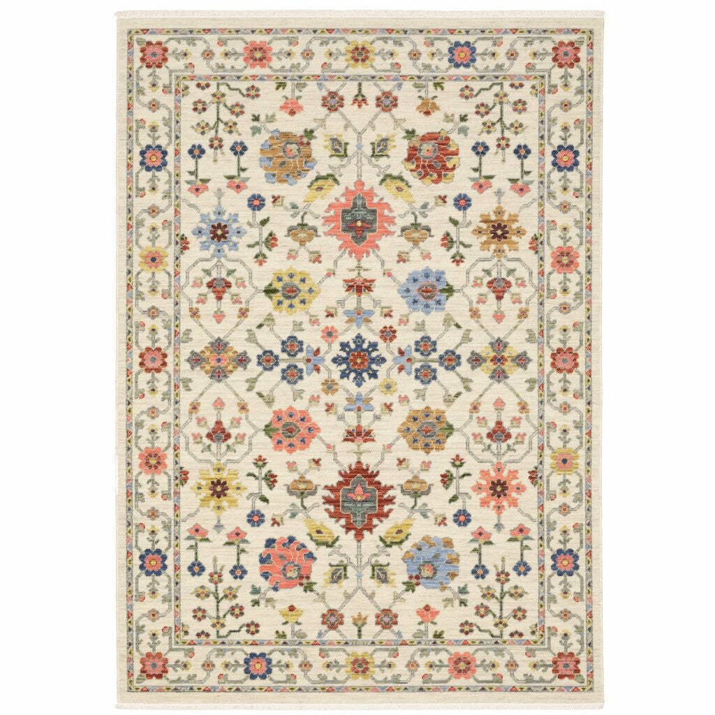HomeRoots 509287 8 x 11 ft. Ivory Salmon Pink Gold Blues Gray Rust & Green Oriental Power Loom Stain Resistant Rectangle Area Rug with Fringe