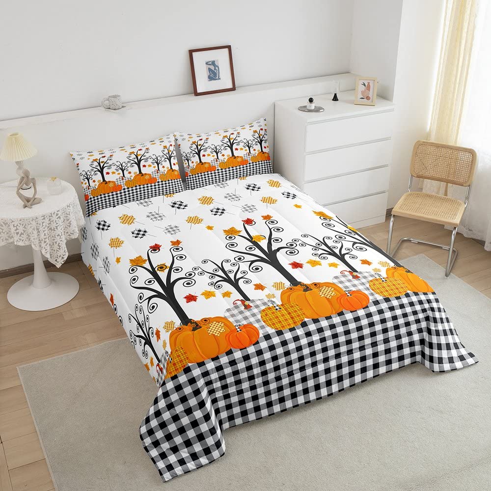 Fall Pumpkin Comforter Set Full Size,Kids Girls Home/Cottage Decor,Black White Plaid Halloween Bedding Set,Maple Trees Autumn Ha
