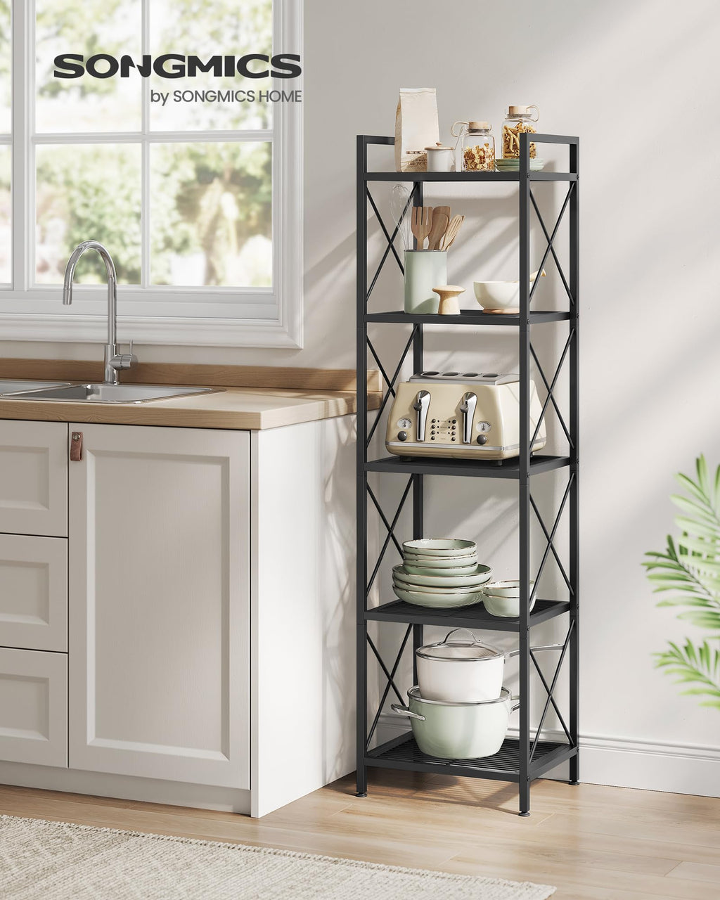 Songmics 5-Tier Metal Storage Rack, Shelving Unit With X Side Frames, Dense Mesh, 12.6 X 15.7 X 57.3 Inches, For Entryway, Kitchen, Living Room, Bathroom, Industrial Style, Ink Black Ubsc145B01