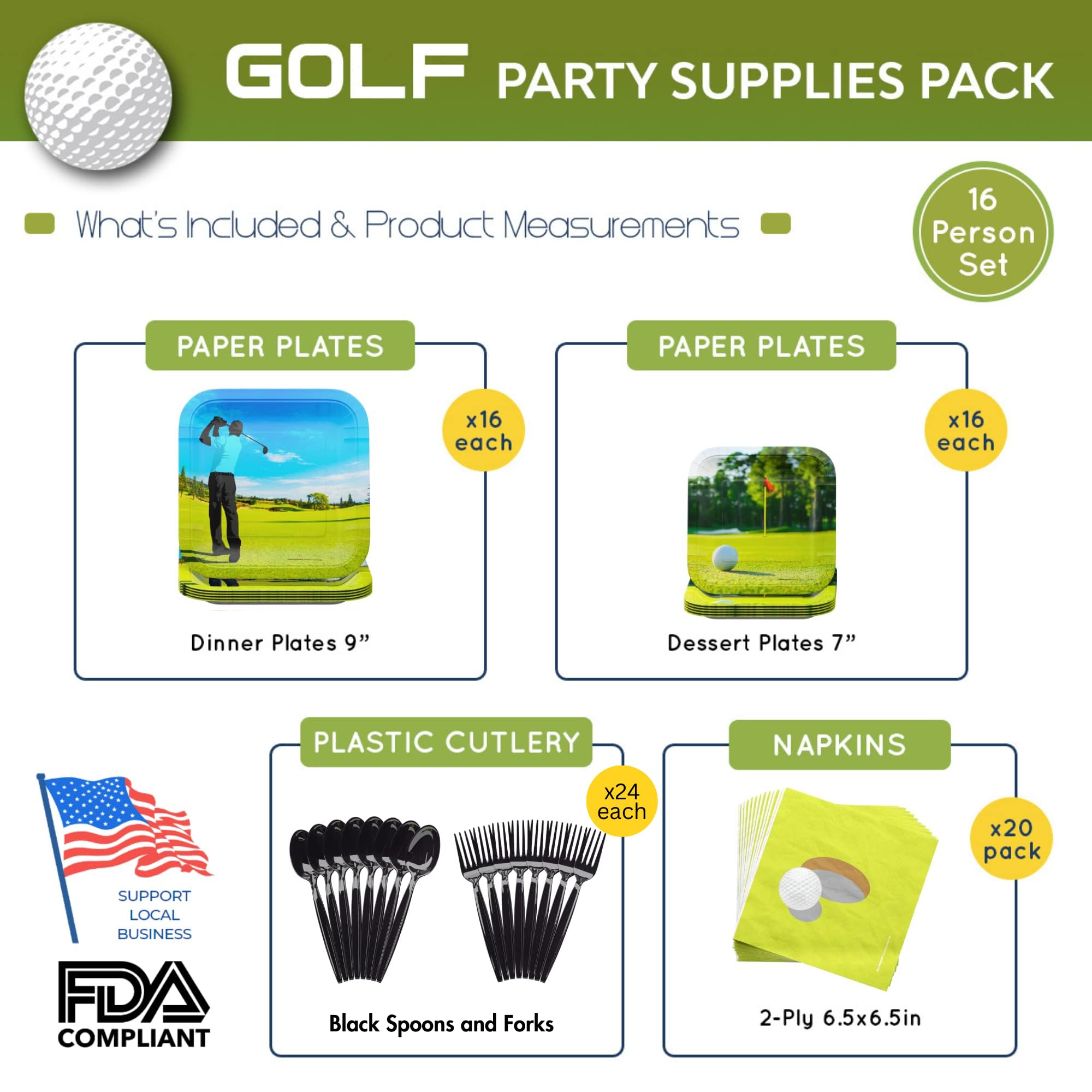 Golf Party Supplies Pack (100 Pieces For 16 Guests) - Golf Party Decorations, Sports Themed Birthday, Golf Ball Plates And Napki