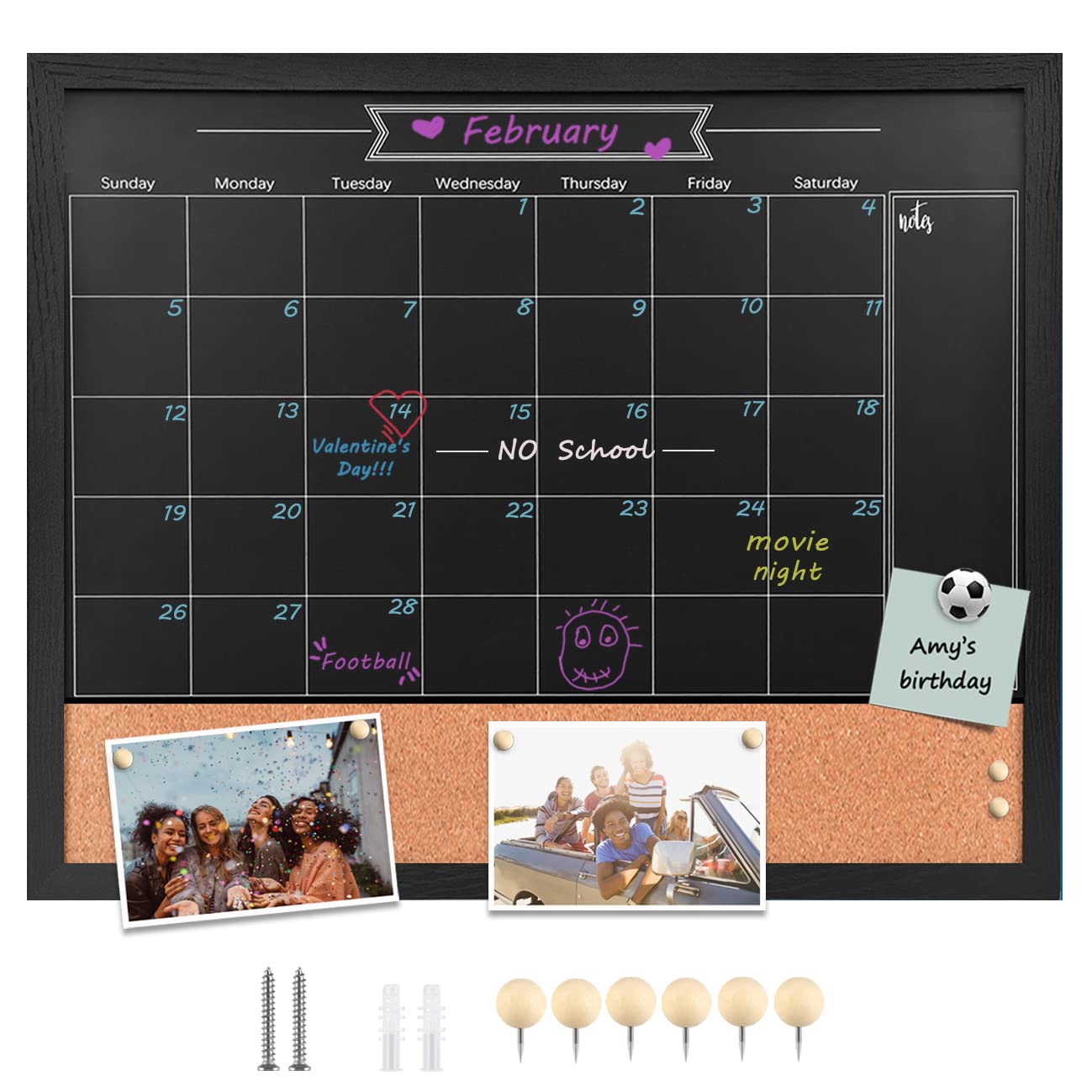 Toraso Magnetic Chalkboard Calendar Corkboard, 18' X 22' Combination Chalk Board Bulletin Board, Black Wood Framed Blackboard