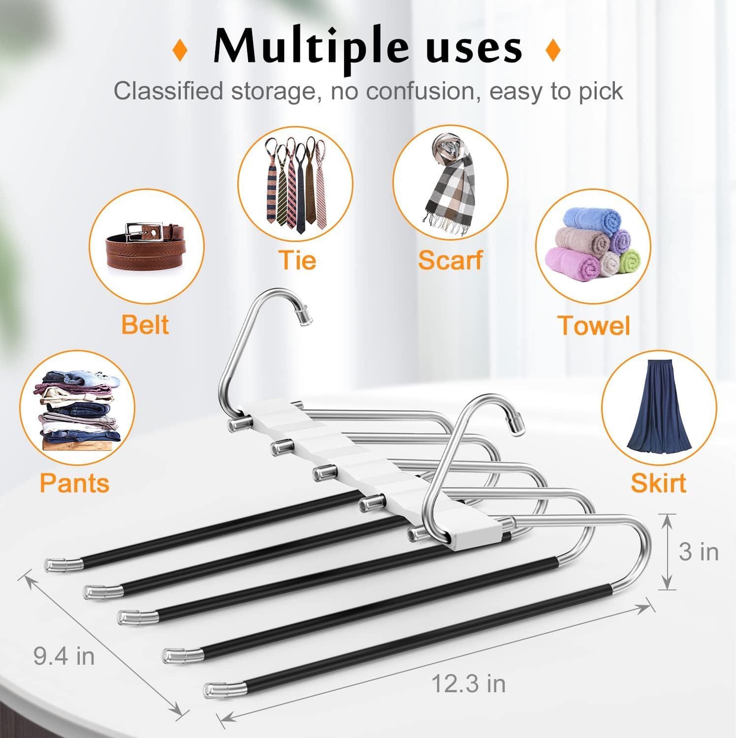 Loretoy 4 Pack Pants Hangers Space Saving, Anti-Slip Multi-Functional Pants Rack, Thickened Stainless Steel Tube Two Hanging Mod