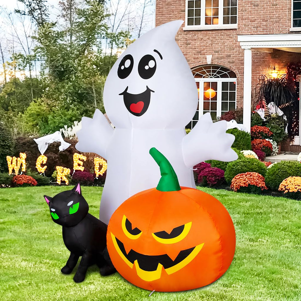 Comin Halloween Inflatable 5Ft Ghost With Black Cat And Pumpkin, Built-In Leds Blow Up Yard Decoration For Party Outdoor Yard Ga
