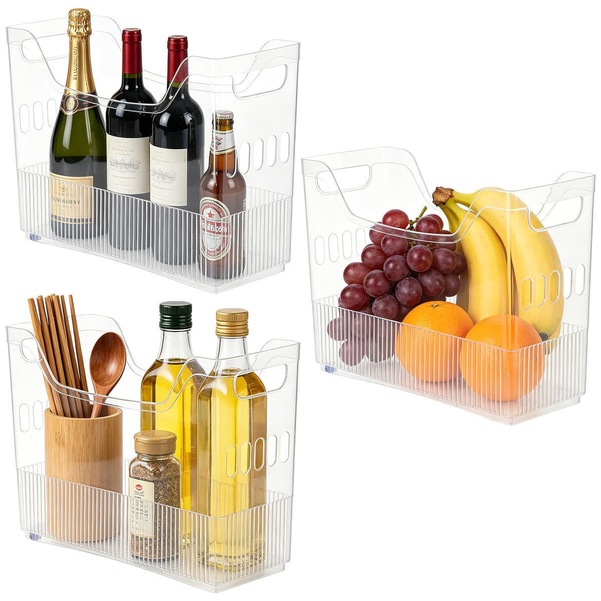 3 Pcs Freezer Organizer Bins with Wheel Clear Plastic Pantry Organizer and Storage Medium Size Tall Narrow Kitchen Organization 
