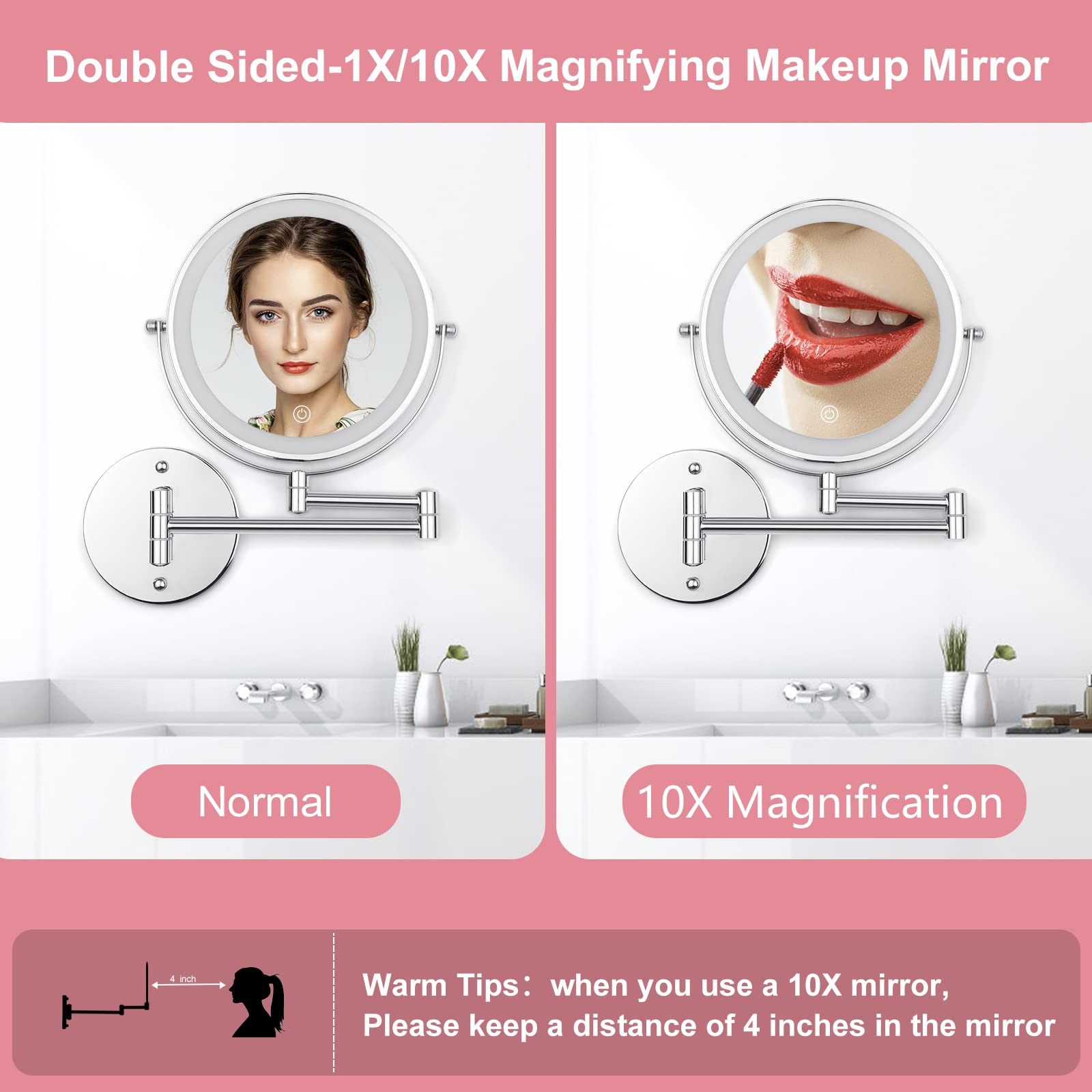 Ffowcye Wall Mounted Makeup Vanity Mirror With Lights, 8    Double Sided 1X/10X Wall Mount Magnifying Bathroom Shaving Mirror Wi