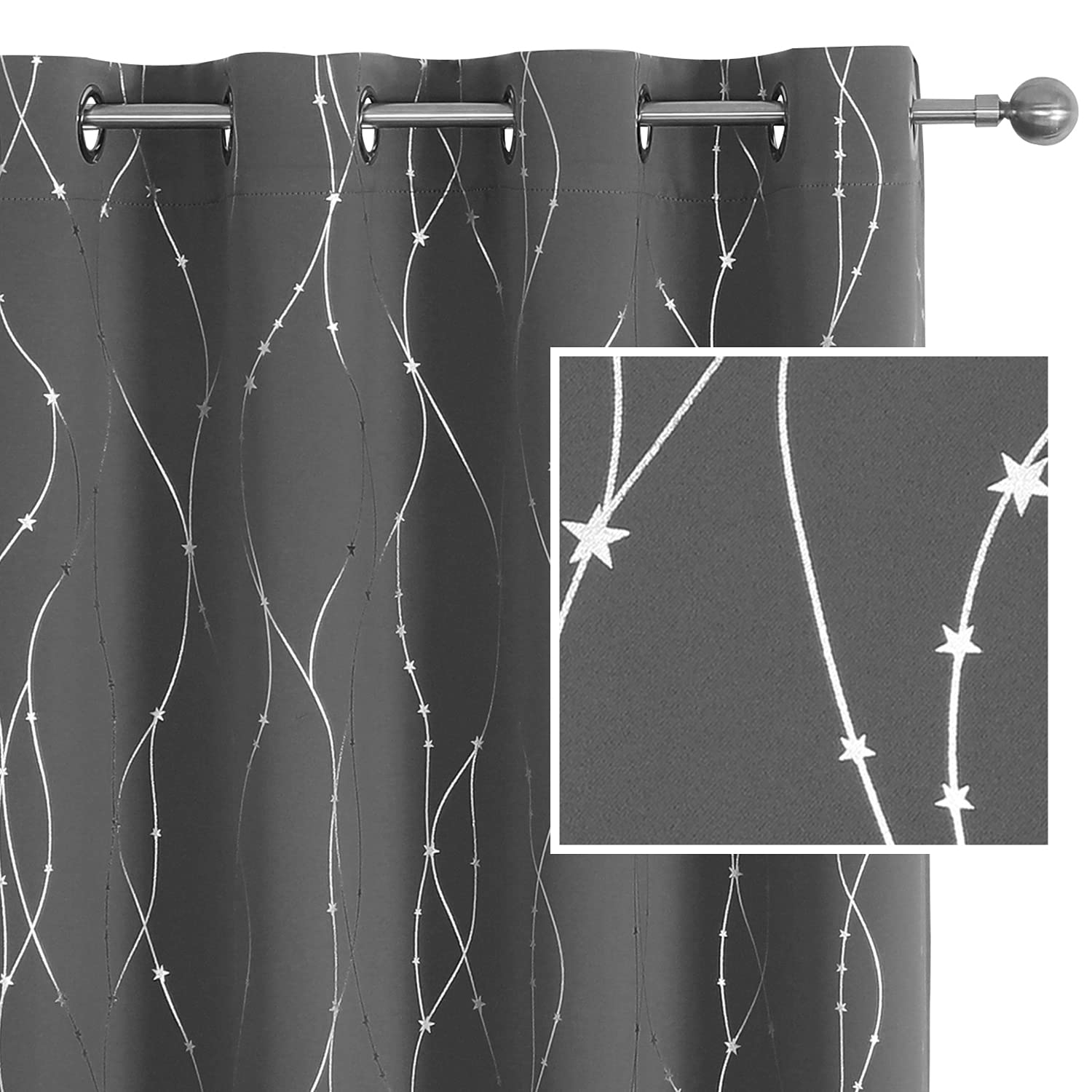 Smile Weaver Grey Blackout Curtains For Living Room 54 Inch Long 2 Panels,Room Darkening Curtain-Star Print Design Noise Reducin