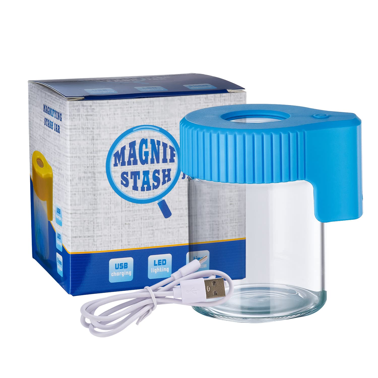 Honeypuff Magnifying Jar with Light, Light-Up LED Transparent Glass Air Tight Storage Jars Magnifying Viewing Jar (Blue)
