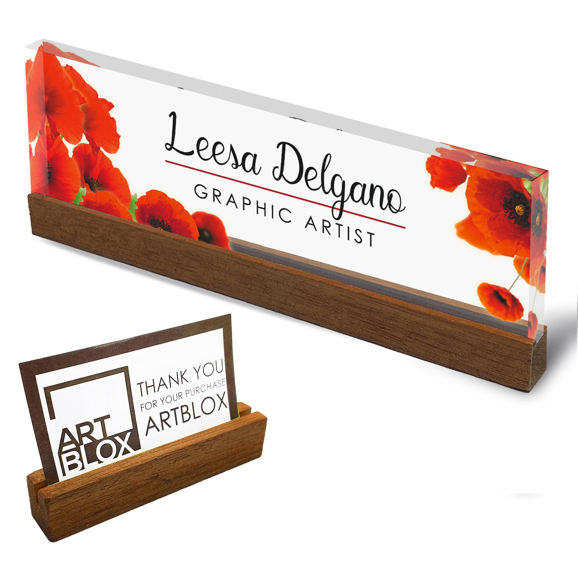 Artblox Office Personalized Name Plate For Desk With Business Card Holder On Clear Acrylic Glass Poppy Flowers Design Custom Des