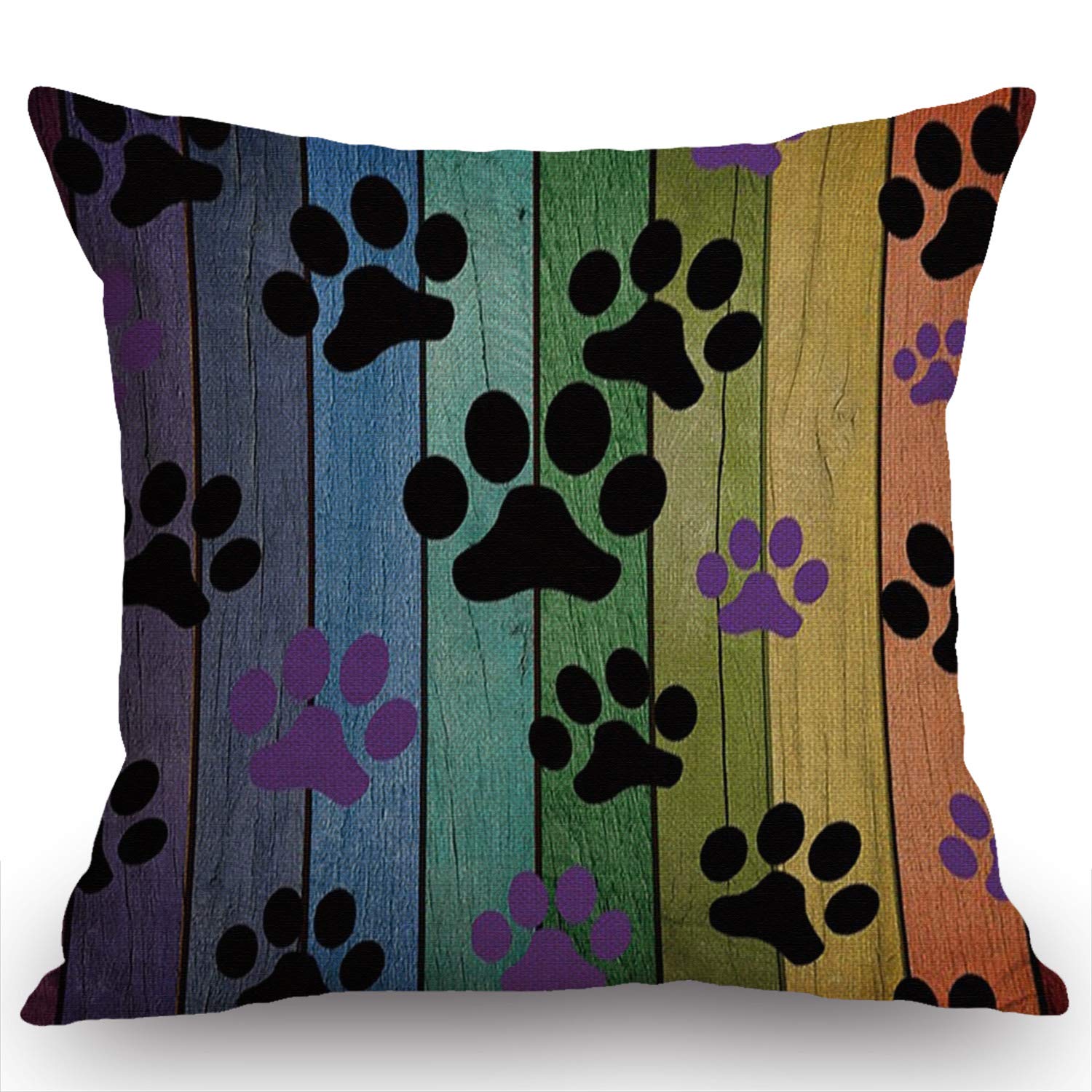 Swono Rustic Rainbow Woodgrain Black And Purple Dog Paw Cotton Linen Throw Pillow Case Cushion Cover Home Office Decorative Squa