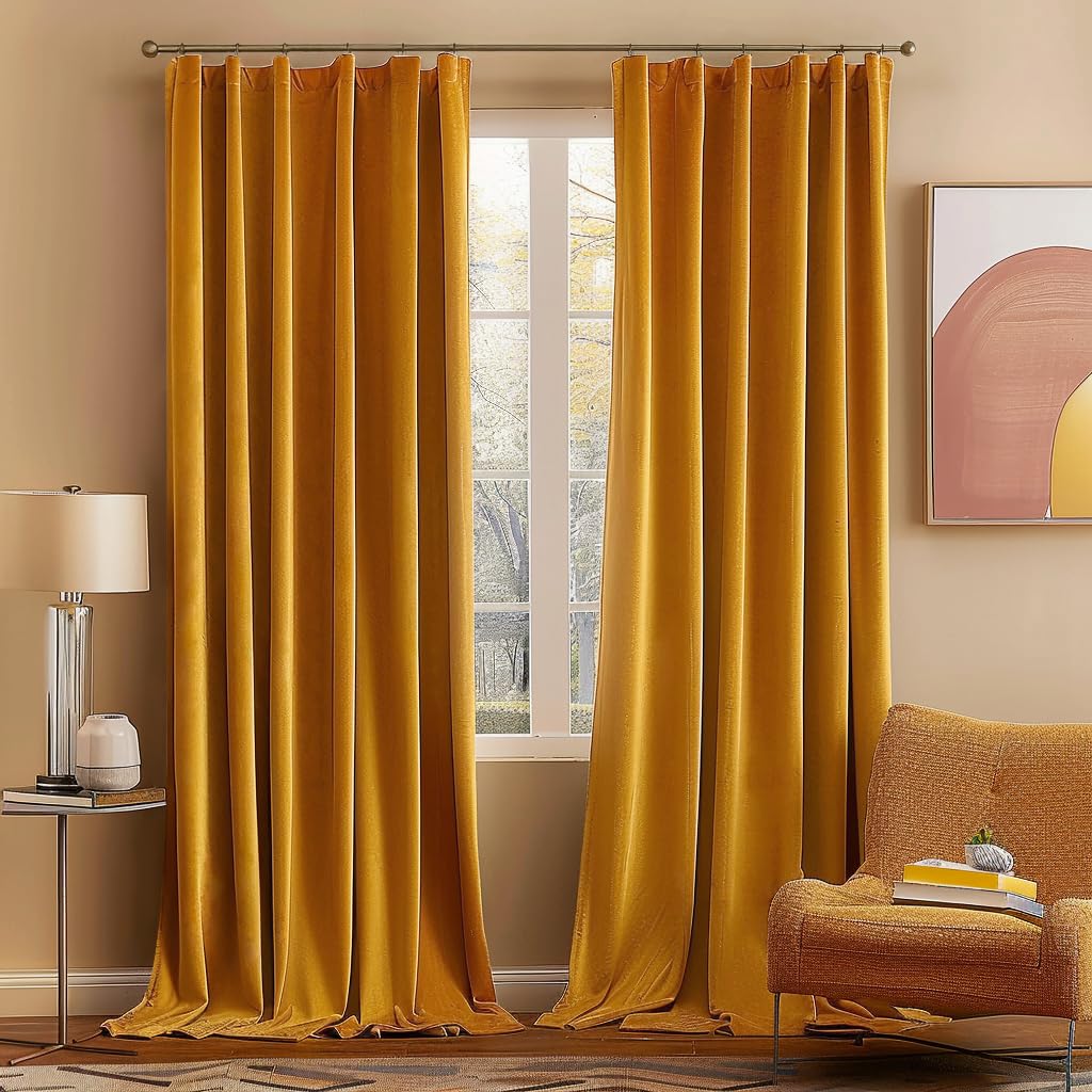 Miulee Velvet Curtains 2 Panels Luxury Blackout Curtains For Bedroom Living Room Thermal Insulated Fall Decor Super Soft Window Drapes Rod Pocket & Back Tab, Mustard Yellow, 52 X 72 Inch