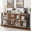 Fatorri 8 Cube Storage Organizer Bookshelf, Rustic Wood Cubby Bookcase, Industrial Horizontal Long Shelf For Living Room (Rustic Oak, 62 Inch)