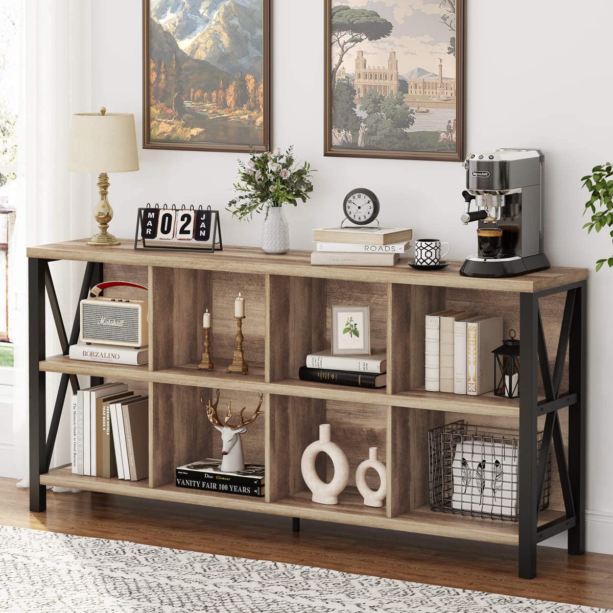 Fatorri 8 Cube Storage Organizer Bookshelf, Rustic Wood Cubby Bookcase, Industrial Horizontal Long Shelf For Living Room (Rustic Oak, 62 Inch)