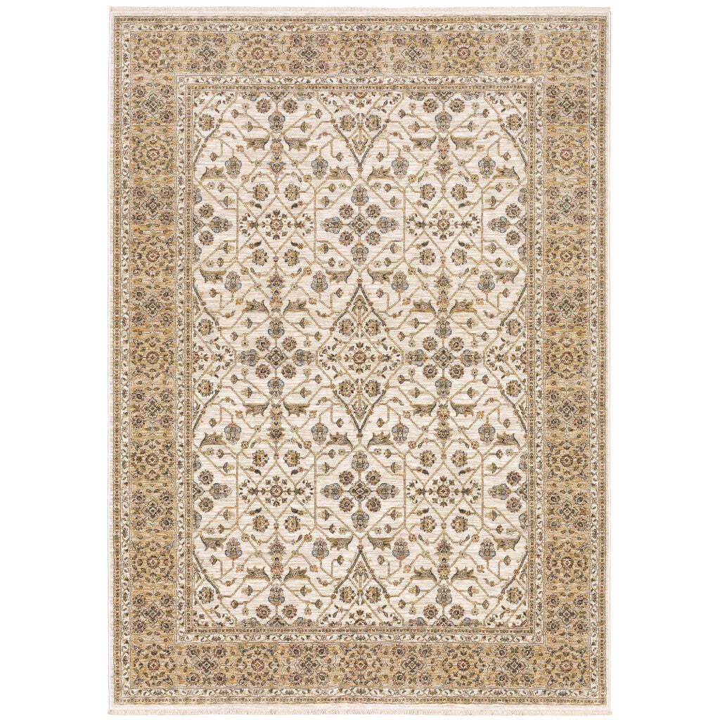 HomeRoots 509386 10 x 13 ft. Ivory & Gold Oriental Power Loom Stain Resistant Rectangle Area Rug with Fringe
