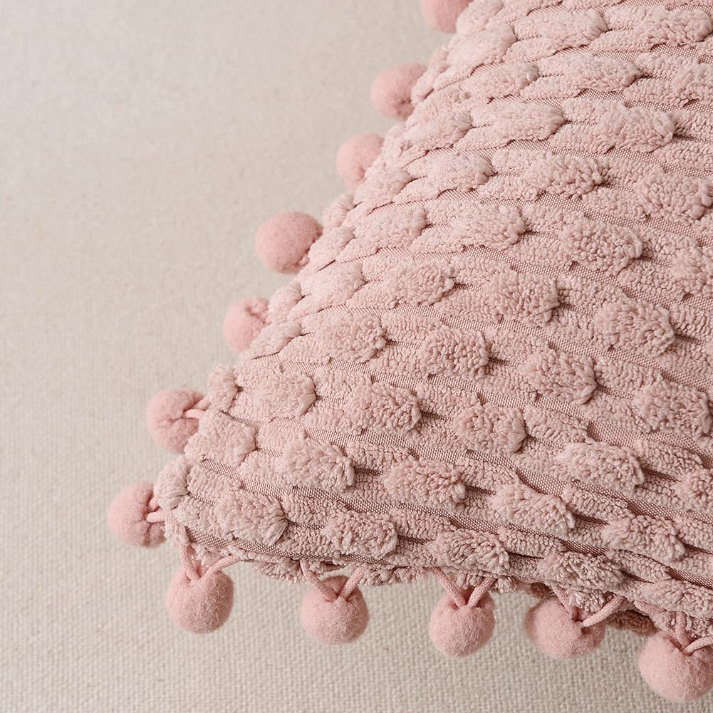 Fancy Homi 2 Packs Dusty Pink Decorative Throw Pillow Covers 18X18 Inch With Pom-Poms For Couch Bedroom Living Room, Farmhouse B