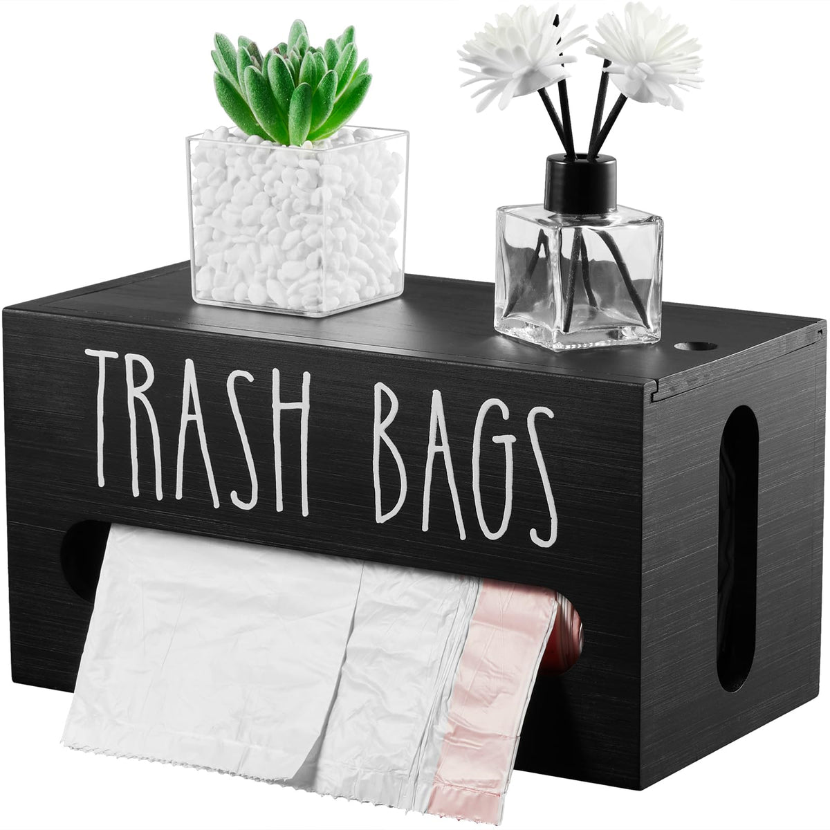 Drastar Trash Bag Dispenser, Wooden Garbage Bag Holder, Black, Fits Most Standard Sizes, Wall Mount Or Countertop, Kitchen Stora