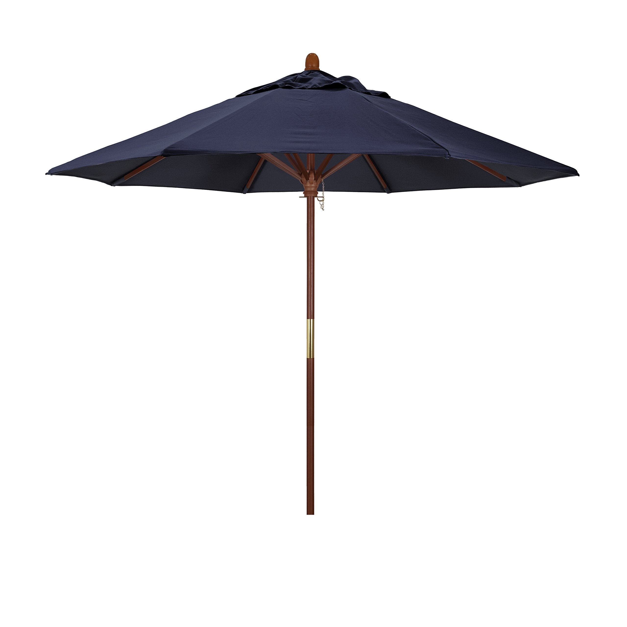 California Umbrella 9' Rd. Wooden Market Umbrella, Push Open Pin Stop , Sunbrella Navy