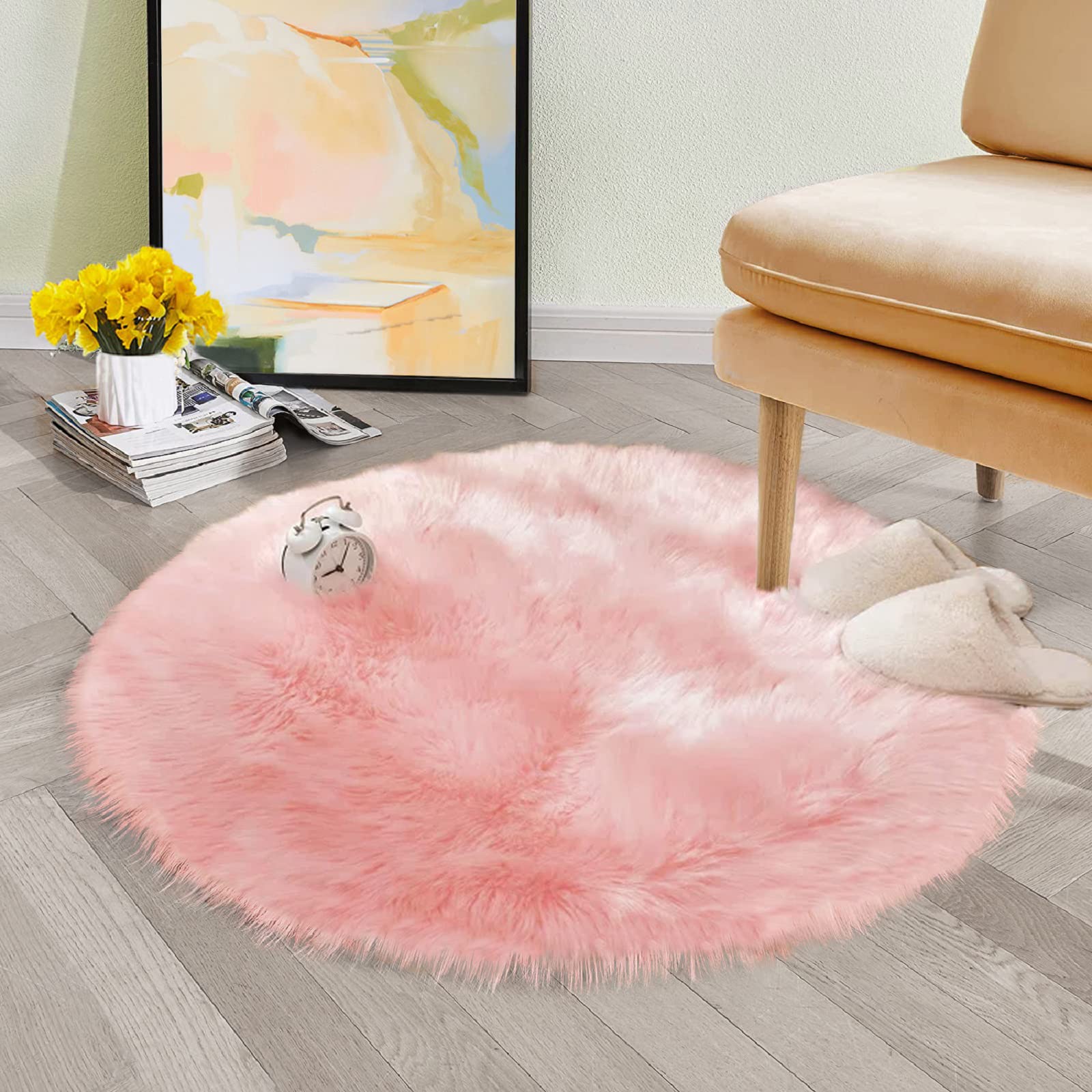 ORINOVA Round Rug 3ft Pink Small Fluffy Rug for Living Room Washable Shaggy Area Rugs for Bedroom Cute Room Circle Nursery Rug