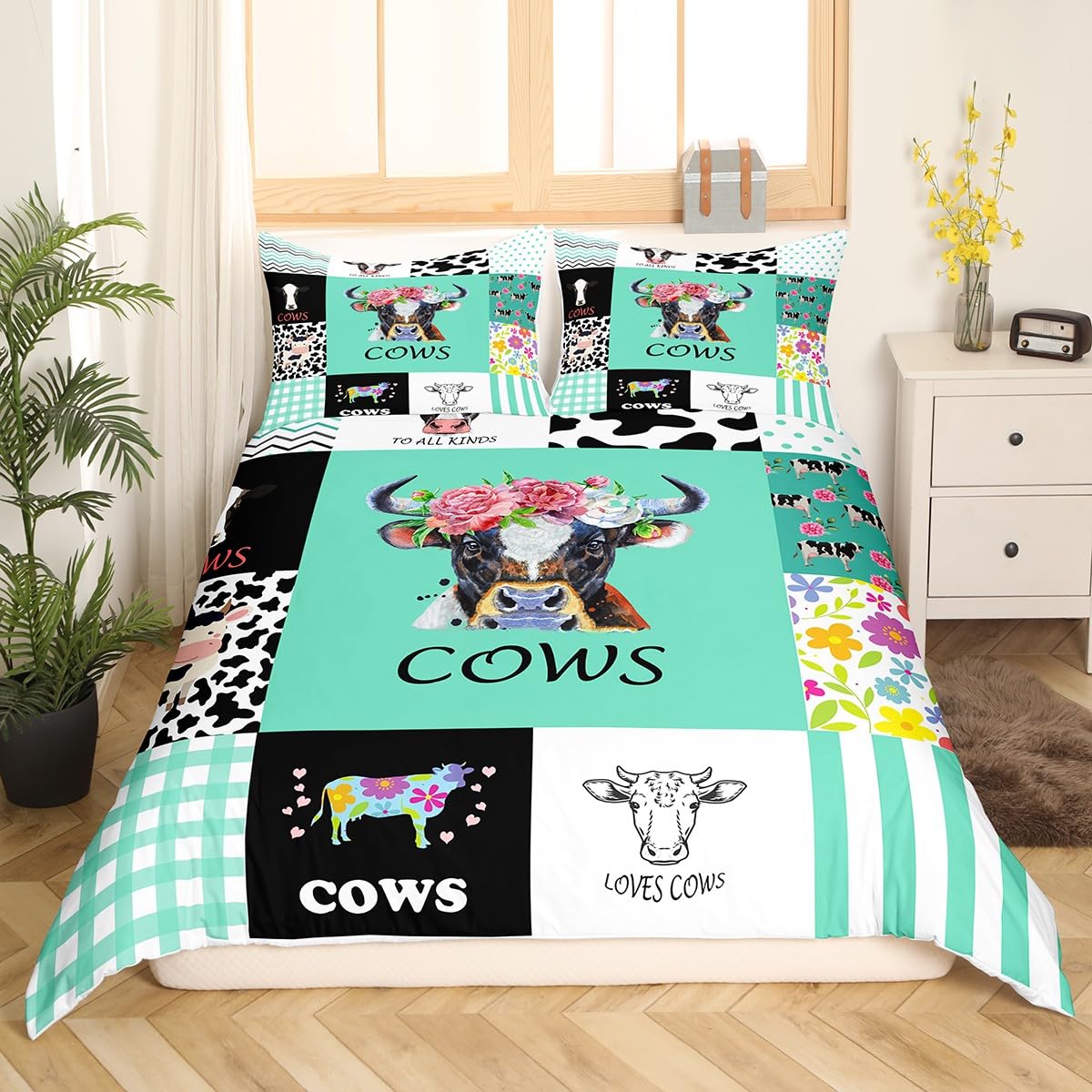Feelyou Cow Print Duvet Cover Twin Size Cartoon Milk Cow Comforter Cover Floral Print Bedding Set Green Bedspread Cover For Kids