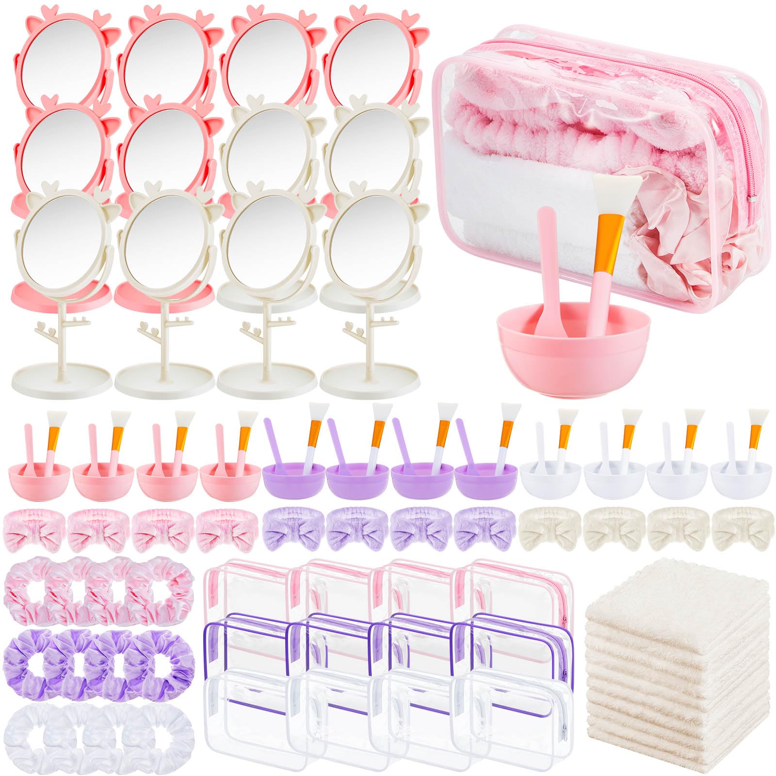 Shinylin 96pcs Spa Sleepover Party Favor Supplies Bulk, Include Face Mask Mixing Bowl Set, Mirror, Headband, Scrunchies, Cosmeti