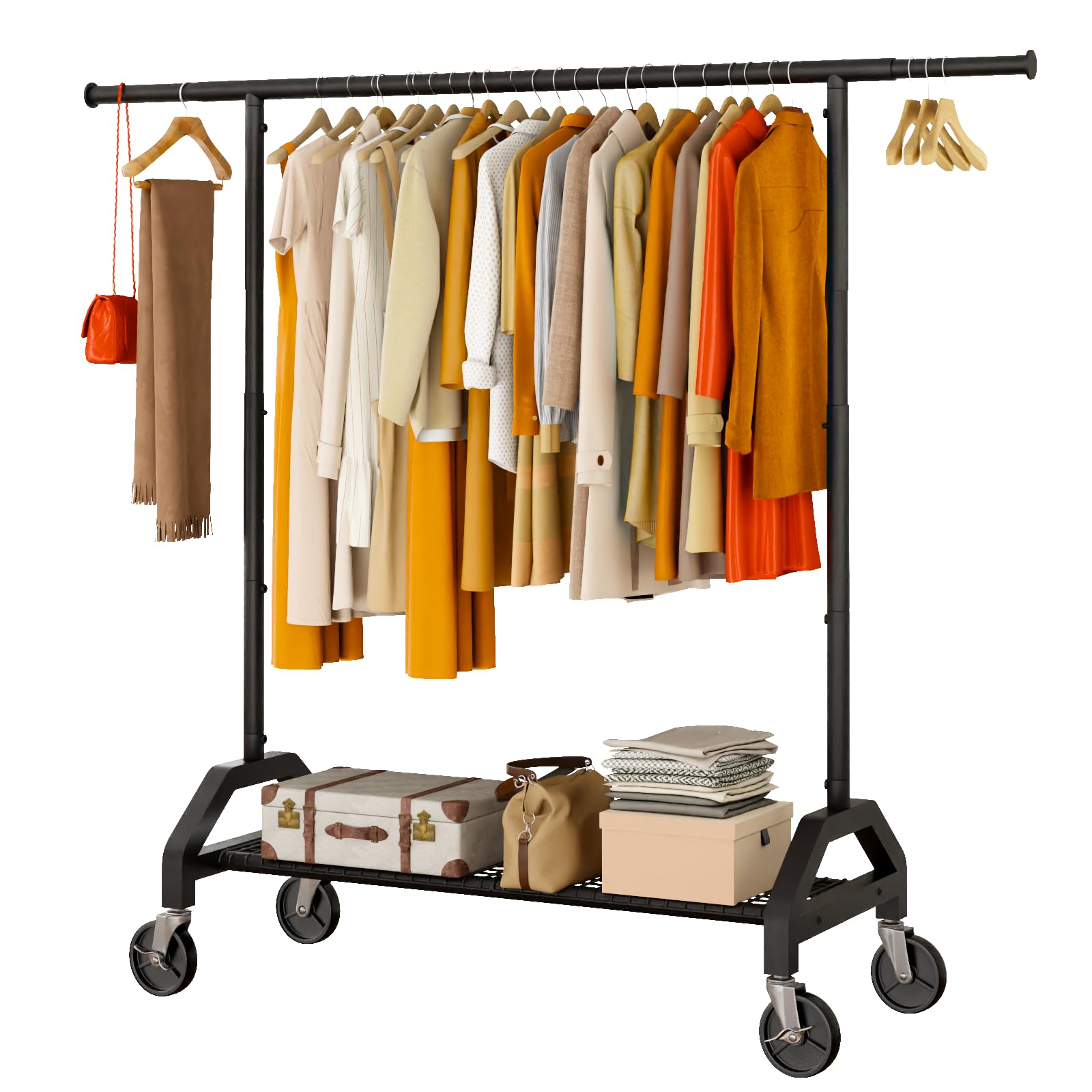 Wiracks Heavy Duty Clothes Rack for Hanging Clothes 300lbs Capacity 3 industrial Wheels 51 to 71 W x 23.62 D x 65 to 71 H Adjust