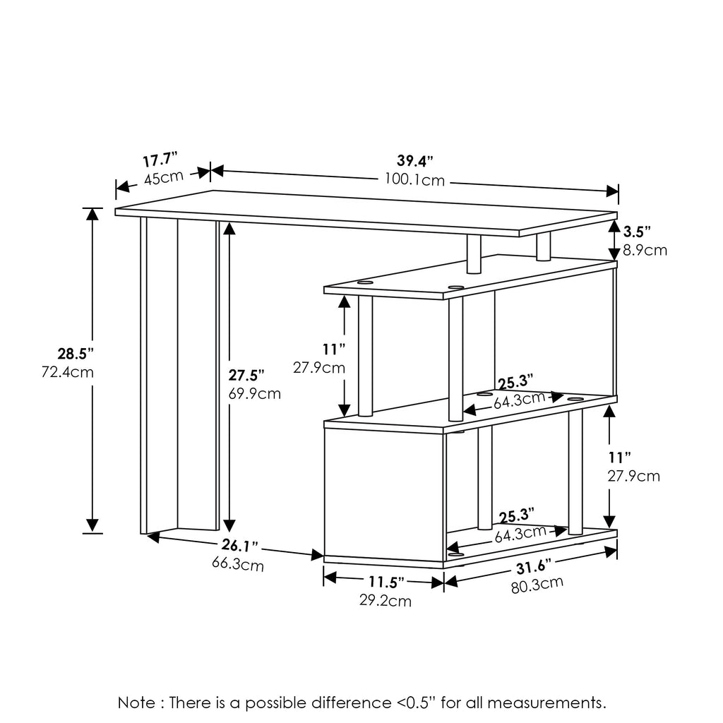Furinno Moore L-Shape Computer Desk with 3-Tier Shelves, Americano