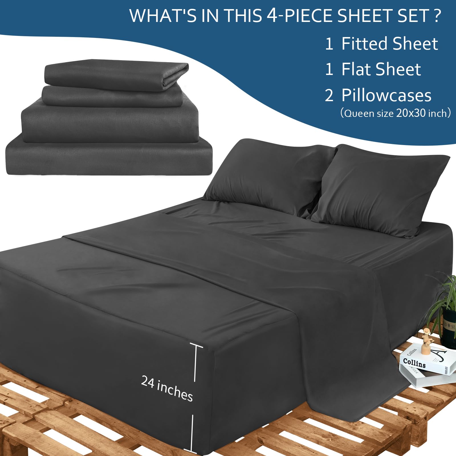 Air Mattress Queen Sheet Set Deep Pocket Queen Sheets - 4 Piece Bed Sheets Queen Size Fade Resistant Fits 16In To 24In Pillow Top Air Bed Mattress - Black