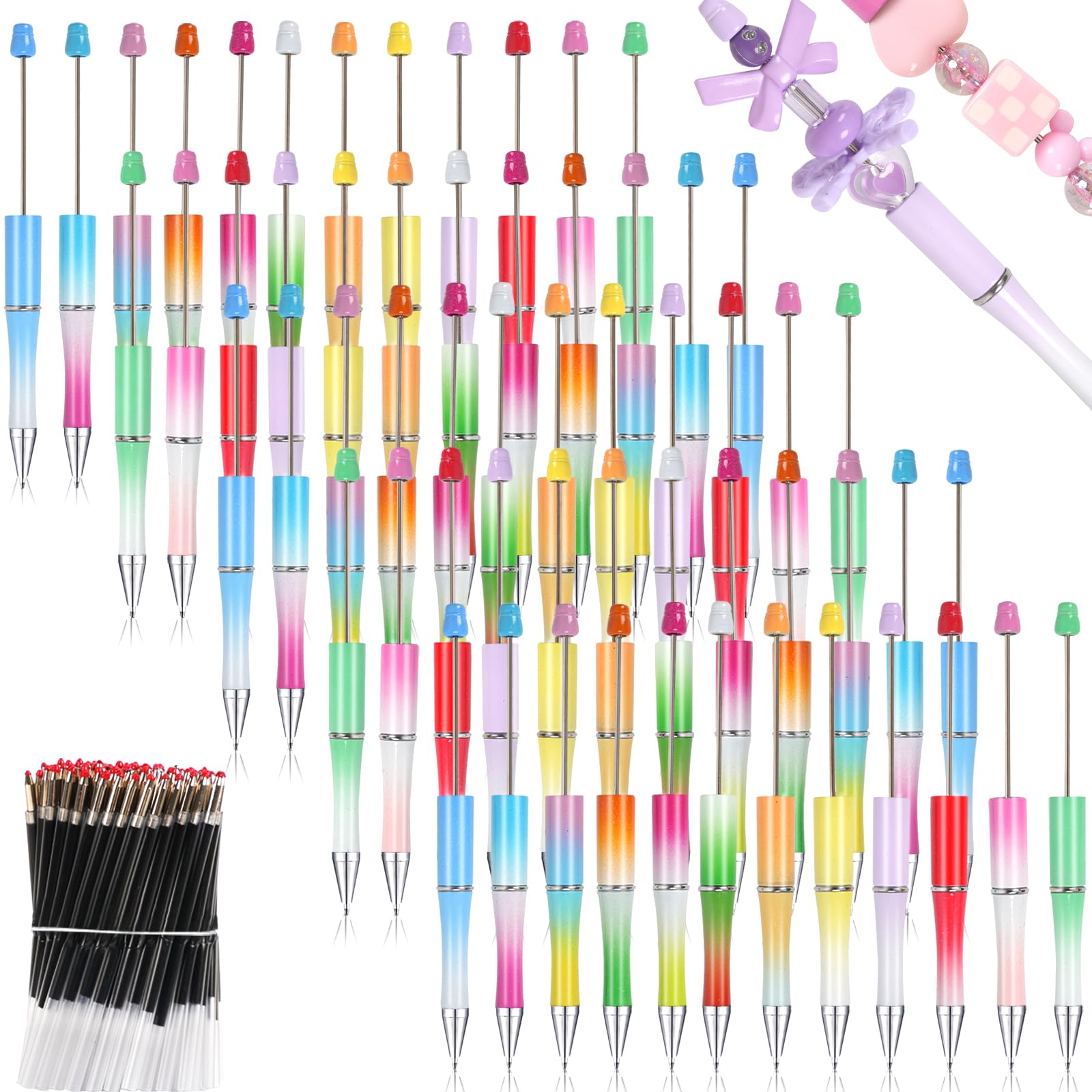 Ruiwanze 60 Pieces Beadable Pens 12 Colors Diy Bead Ballpoint Pen With 120 Refills Black Ink Beaded Pens For Making Gift Kids St