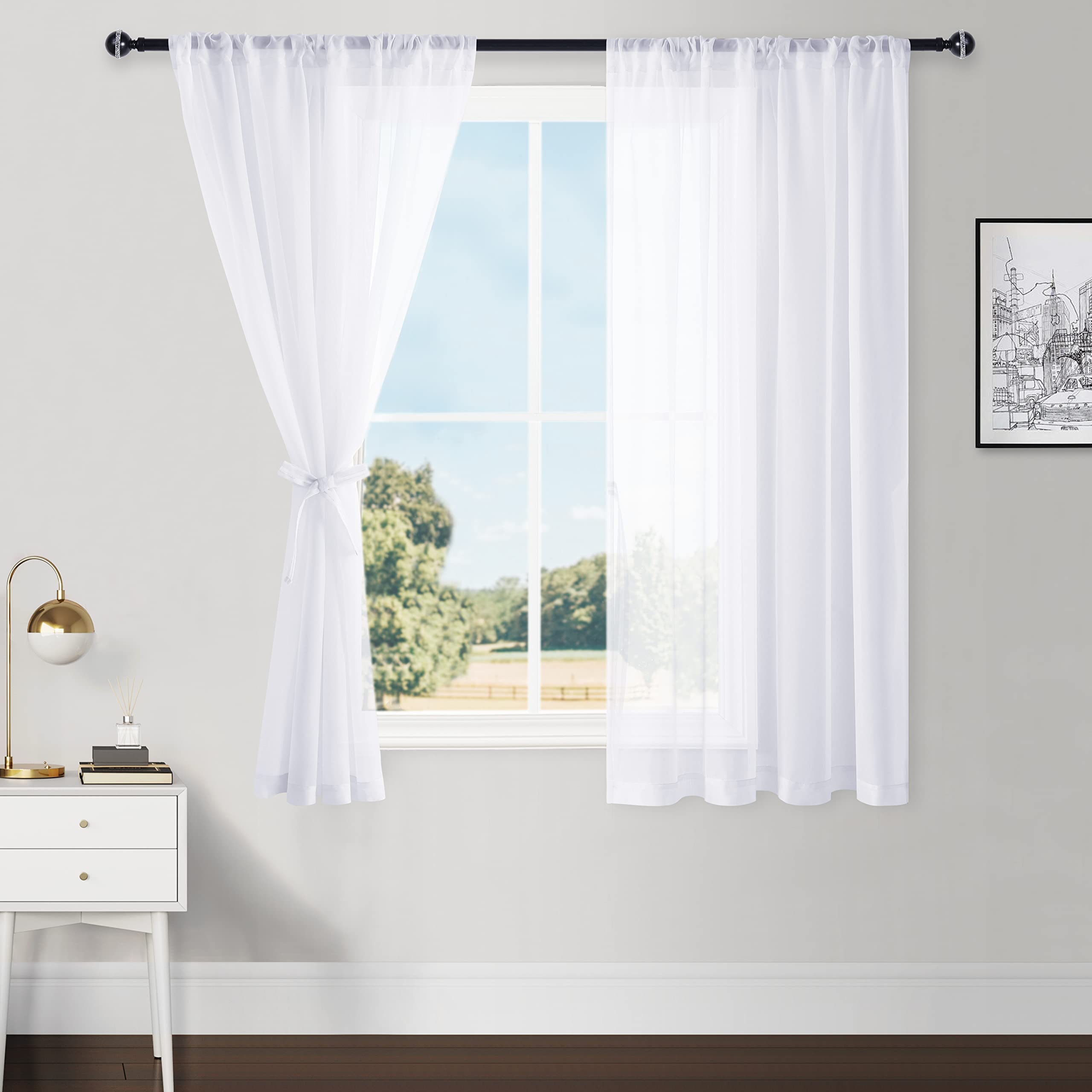 Hiasan White Sheer Curtains With Tiebacks For Bedroom, Rod Pocket Light Filtering Semi Transparent Voile Drapes Rod Pocket Windo