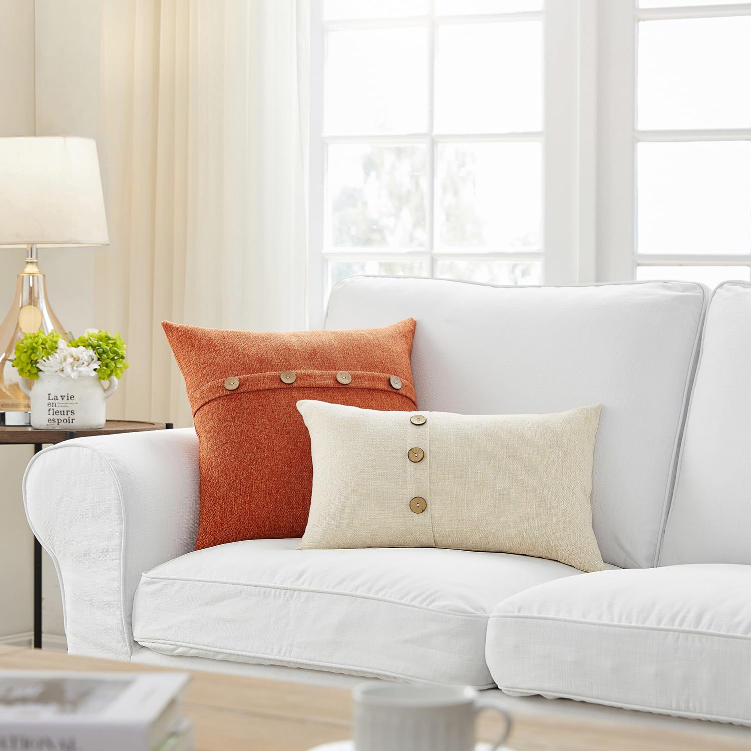 Meekio Set Of 2 Fall Pillow Covers 22 X 22 Burnt Orange Pillow Covers With Coconut Buttons Fall Decorations For Home