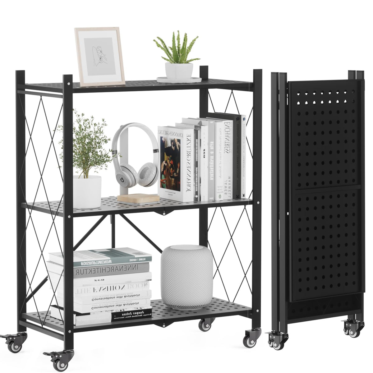ALANNG 3 Tier Folding Shelf on Wheels, Heavy Duty Rolling Storage Cart