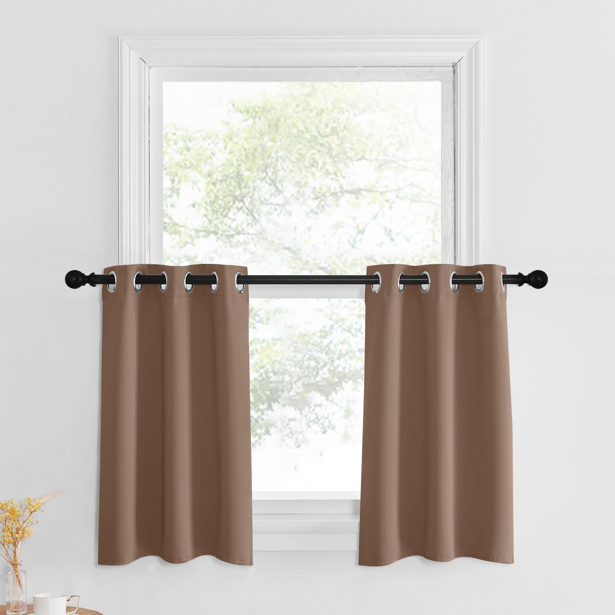 Nicetown Cafe Curtains Over Sink Privacy Kitchen Tier Curtains Farmhouse 30 Inch Length Mini Short Cabinet Caravan Bathroom Small Basement Bathroom Curtain, 2 Panels, 29 X 30 Inch, Cappuccino