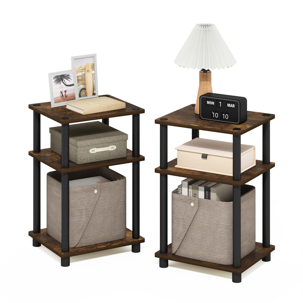 Furinno Just 3-Tier Turn-N-Tube End Table, 2-Pack, Amber Pine/Black