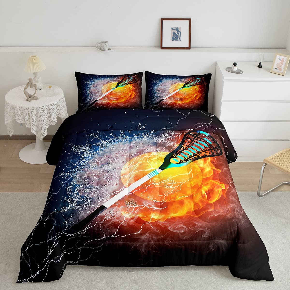 Lacrosse Bedding Set Kids Fire Water Lacrosse Ball Comforter Set Boys Girls Sports Comforter Lacrosse Game Quilt Duvet Set Full