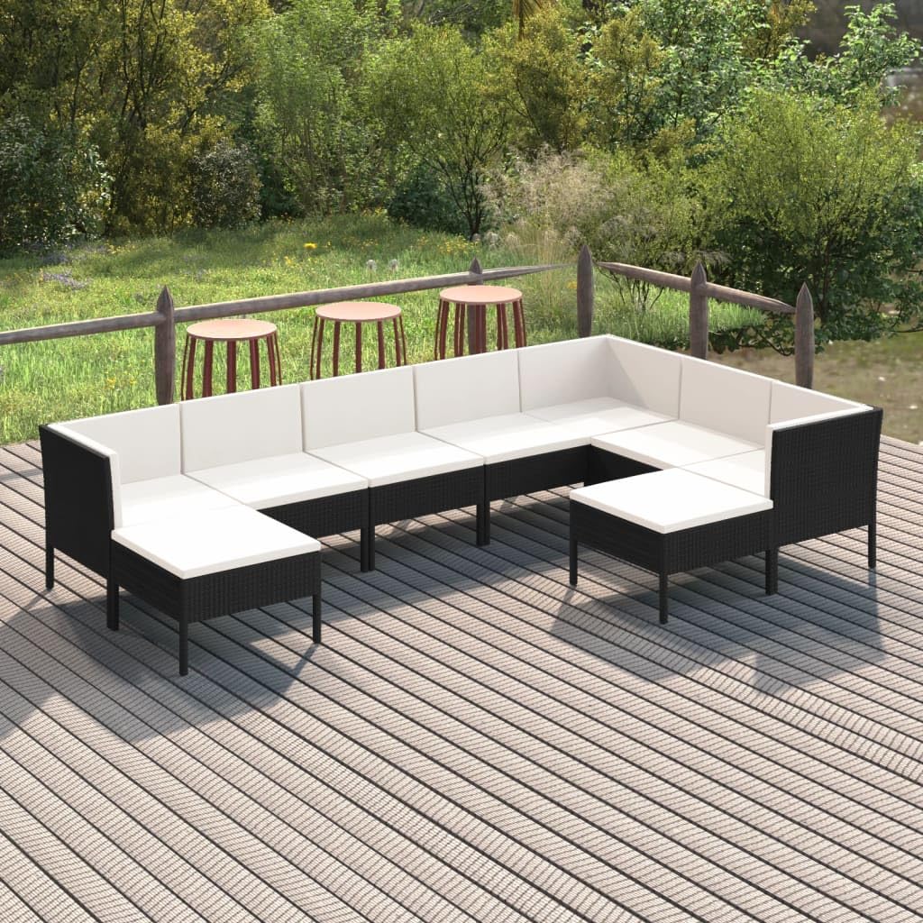 vidaXL Garden Furniture Set - 9 Piece Modular Outdoor Patio Lounge Set with Cushions, Black Poly Rattan with Cream White Accent