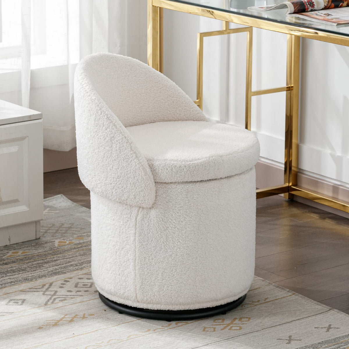 Ya-Home Modern Swivel Ottoman Vanity Chair, Sherpa Upholstered Barrel Chair Club Chair 360°Degree Swivel Side Chair With Storage, Comfy Makeup Stool For Bedroom Living Room, White
