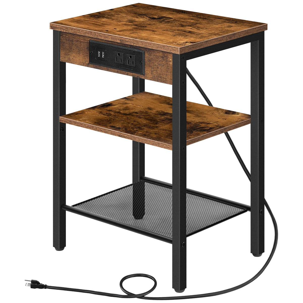 Hoobro End Table With Charging Station And Usb Ports, 3-Tier Nightstand With Adjustable Shelf, Small Side Table For Small Space In Living Room, Bedroom And Balcony, Rustic Brown Bf112Bz01