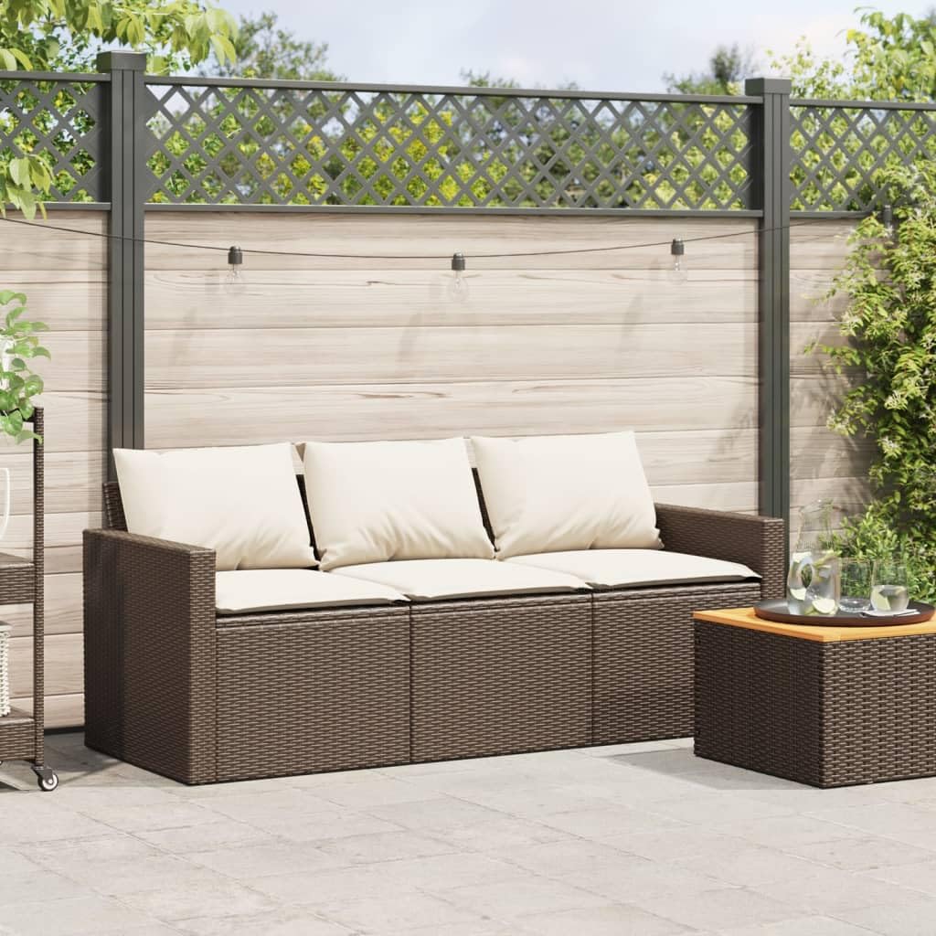 vidaXL Patio Sofa with Cushions - 3-Seater Brown Poly Rattan Outdoor Garden Furniture - 69.7" W x 27.6" D x 26.8" H - Removable and Washable Covers