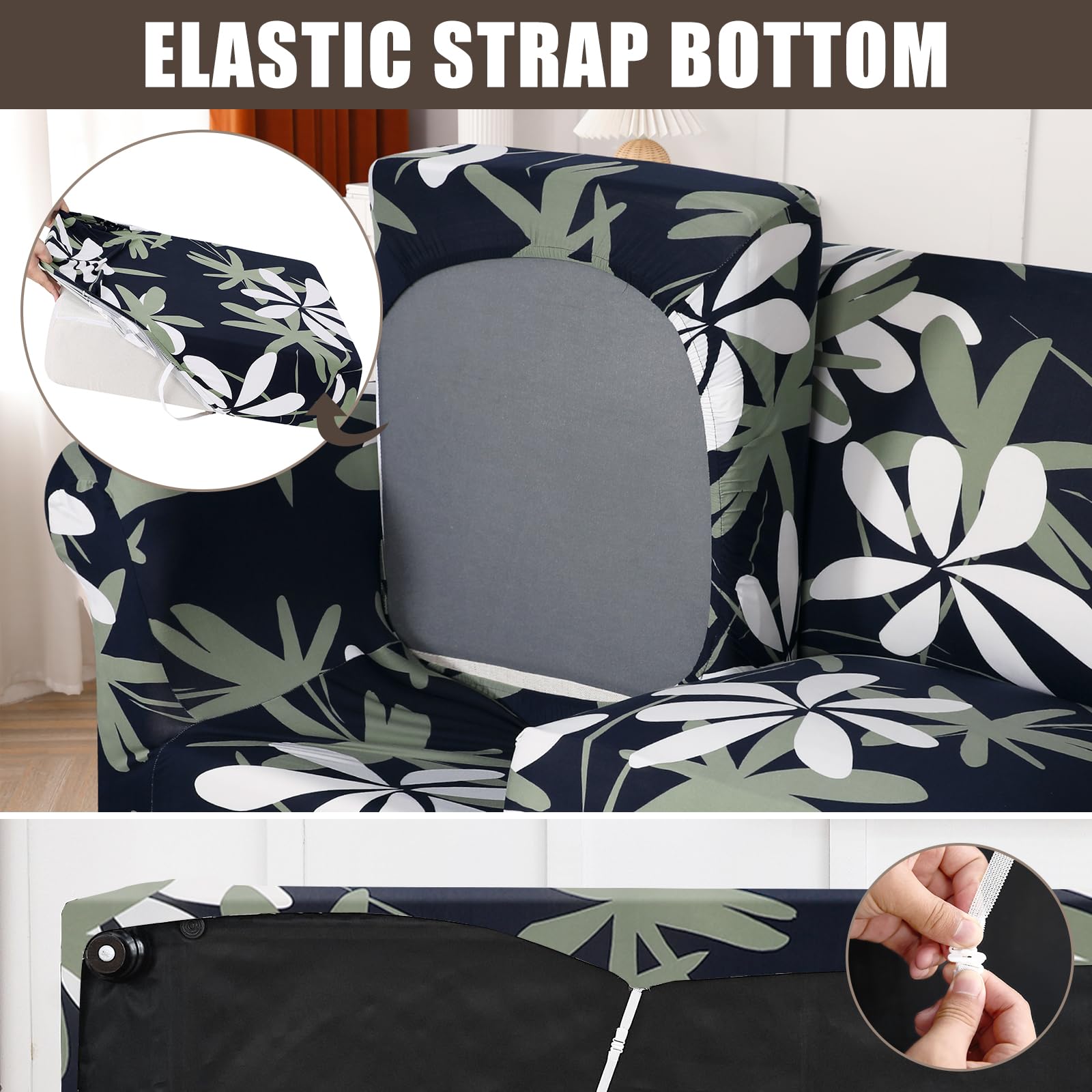 Searchi Stretch Sofa Cover Printed Couch Cover, Floral Pattern 4 Pieces Sofa Slipcover With 3 Separate Cushion Cover, Washable Furniture Protector For Living Room(Sofa, Navy Blue)