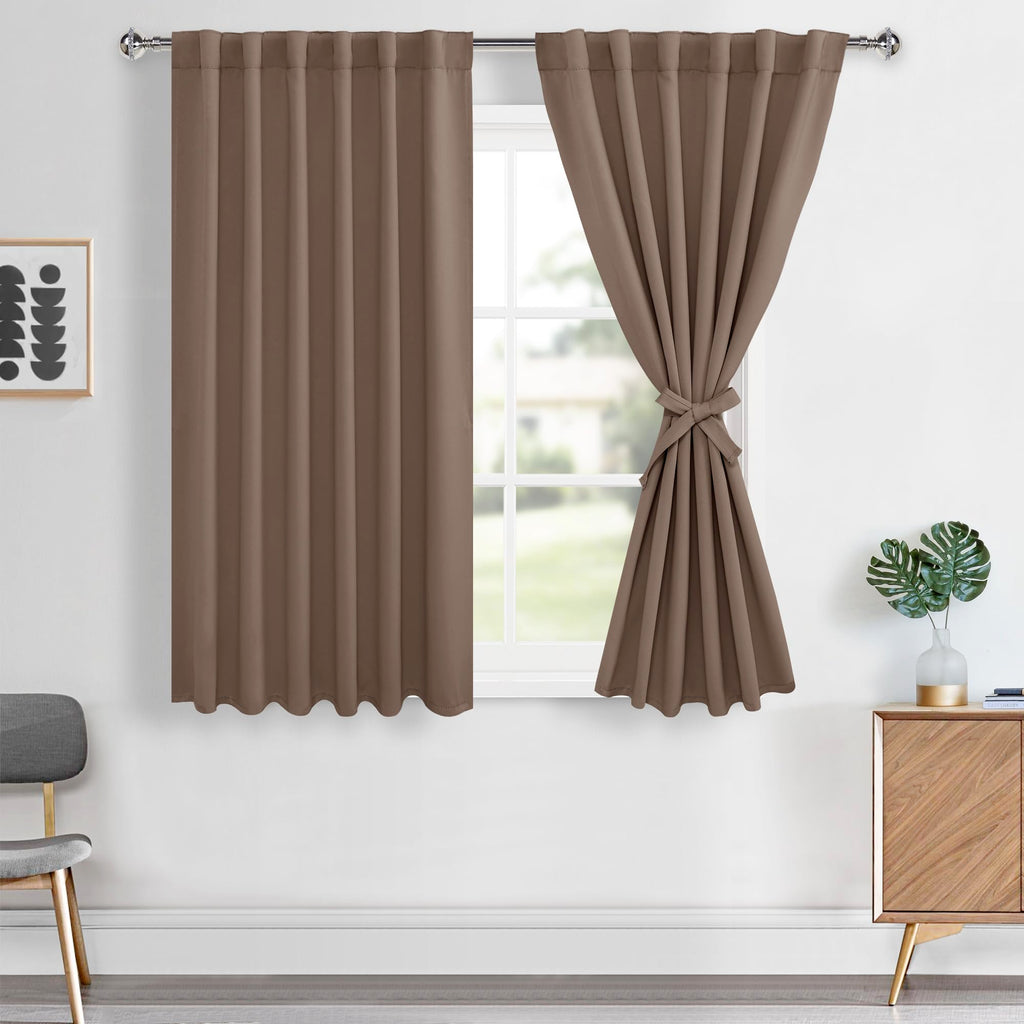Hiasan Short Blackout Curtains 45 inch Long, Light Blocking Thermal Insulated Rod Pocket & Back Tab Mocha Drapes Sewn with Tieba