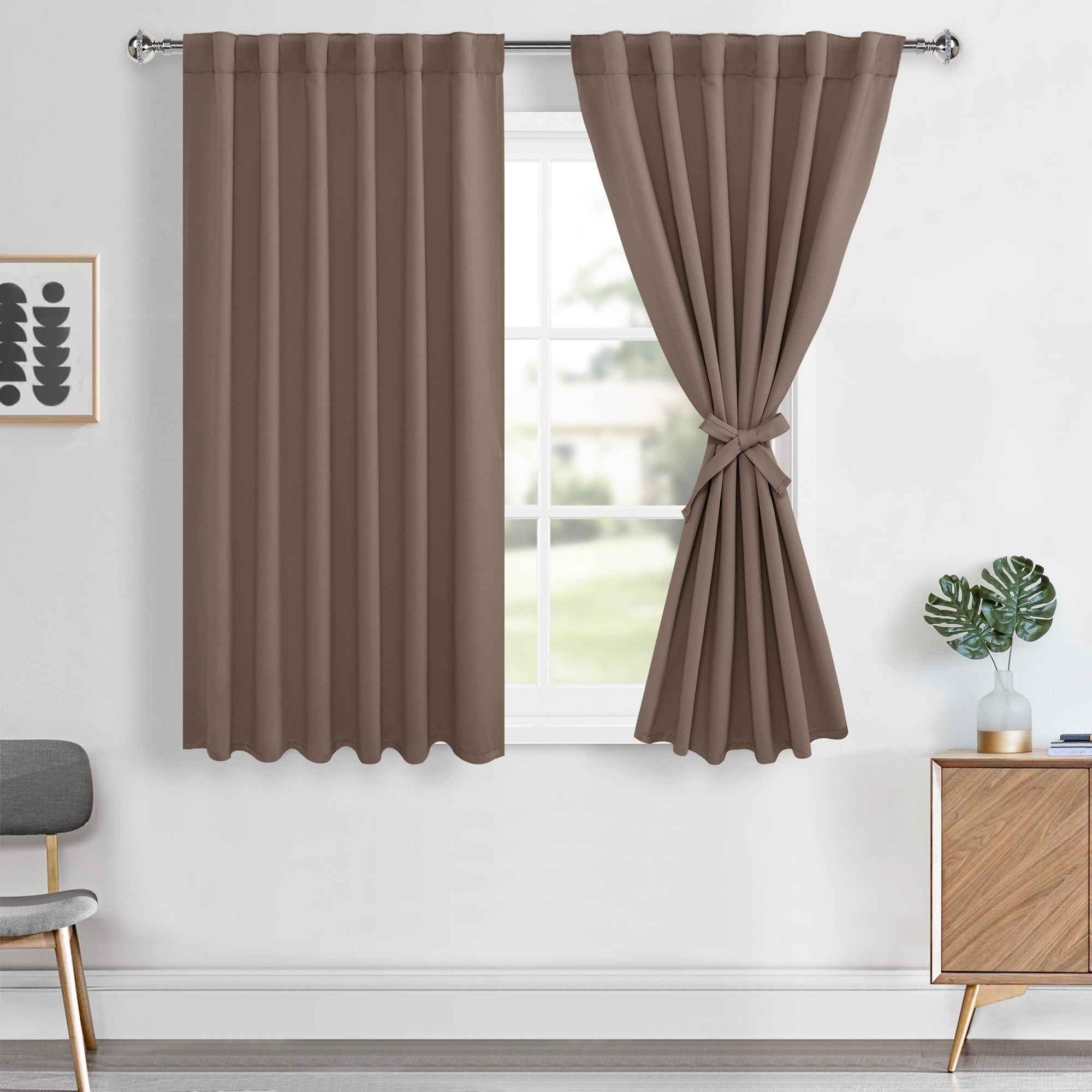 Hiasan Short Blackout Curtains 45 inch Long, Light Blocking Thermal Insulated Rod Pocket & Back Tab Mocha Drapes Sewn with Tieba