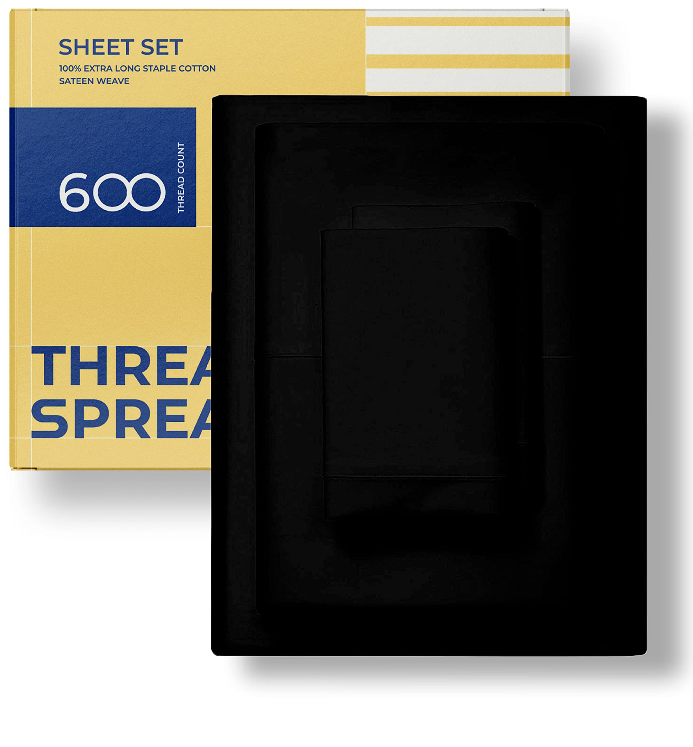 Thread Spread Luxury Sheets 600 Thread Count - Egyptian Cotton Quality Split King Size Sheet Set - Deep Pocket Fitted Bedding Sheets & Pillowcases - 4 Pc Breathable - Black Sheets For Boys & Girls