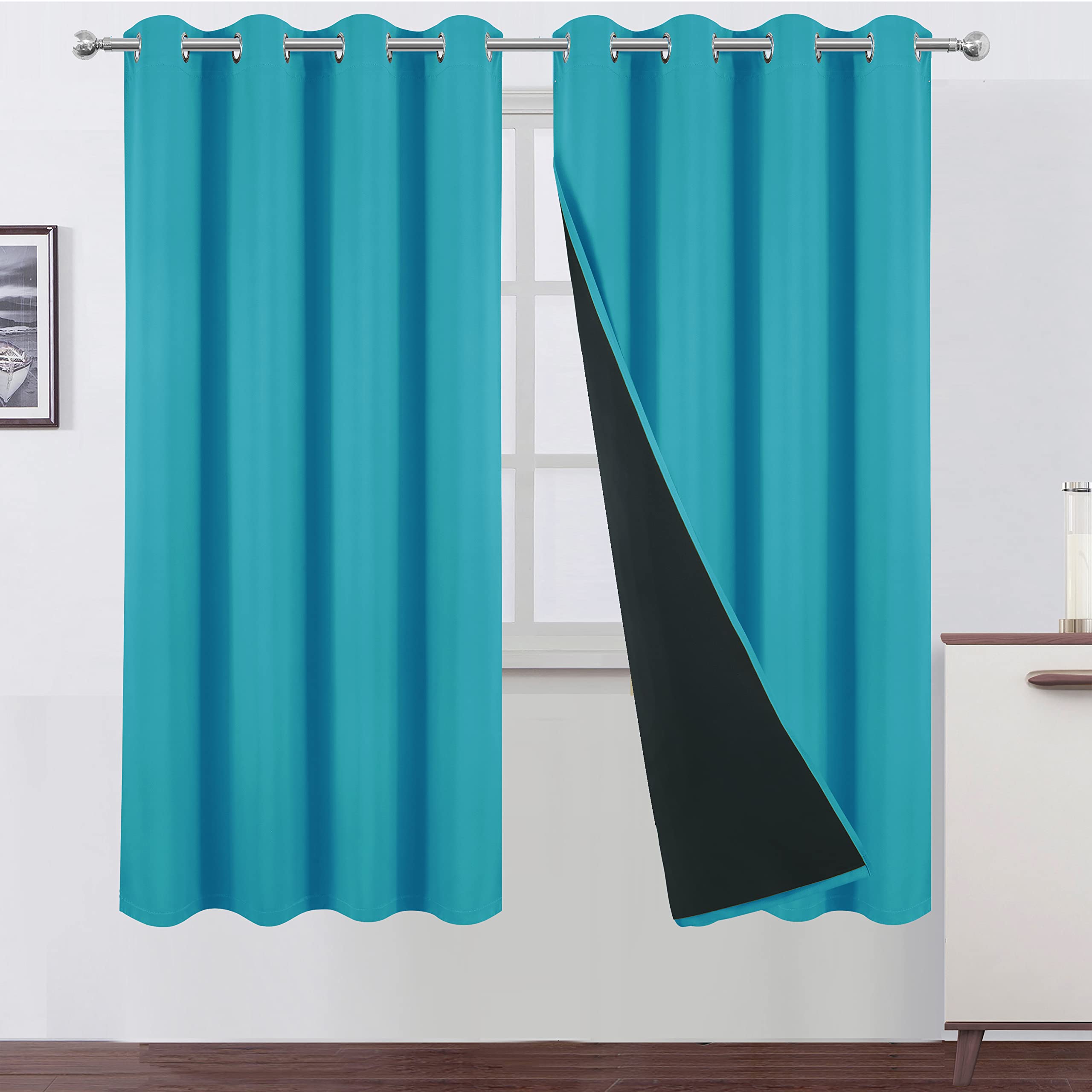 Lemomo 100% Blackout Curtains 52 X 72 Inch/Teal Curtains 2 Panels With Black Lining Room Darkening Thermal Insulated Bedroom Cur
