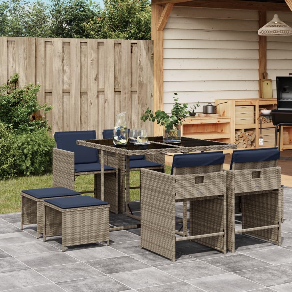 vidaXL Patio Dining Set with Cushions - 9 Piece Gray PE Rattan Garden Furniture/Foldable Chairs, Washable Covers - Tempered Glass Table