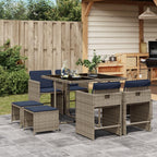 vidaXL Patio Dining Set with Cushions - 9 Piece Gray PE Rattan Garden Furniture/Foldable Chairs, Washable Covers - Tempered Glass Table
