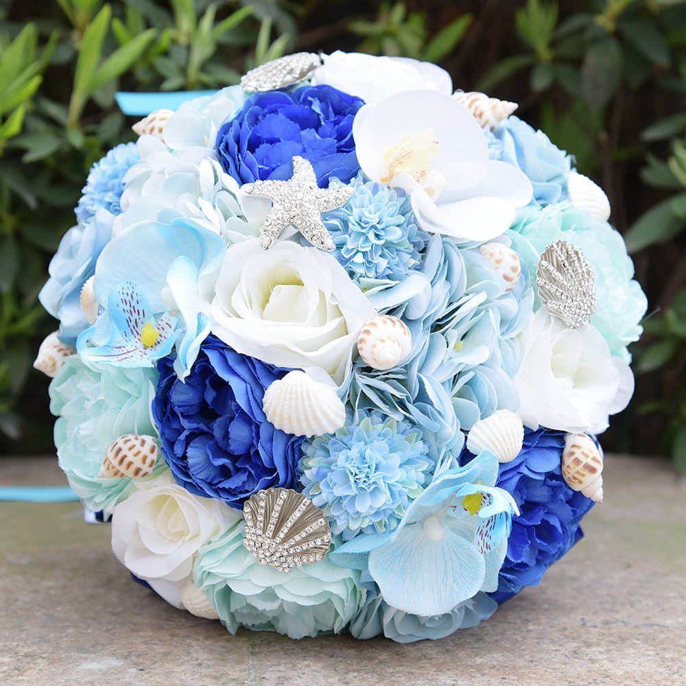 Abbie Home Blue Beach Wedding Bridal Bouquet Holding Tossing Flower With Pearl Seashell And Rhinestone Decoration For Beach Wedd