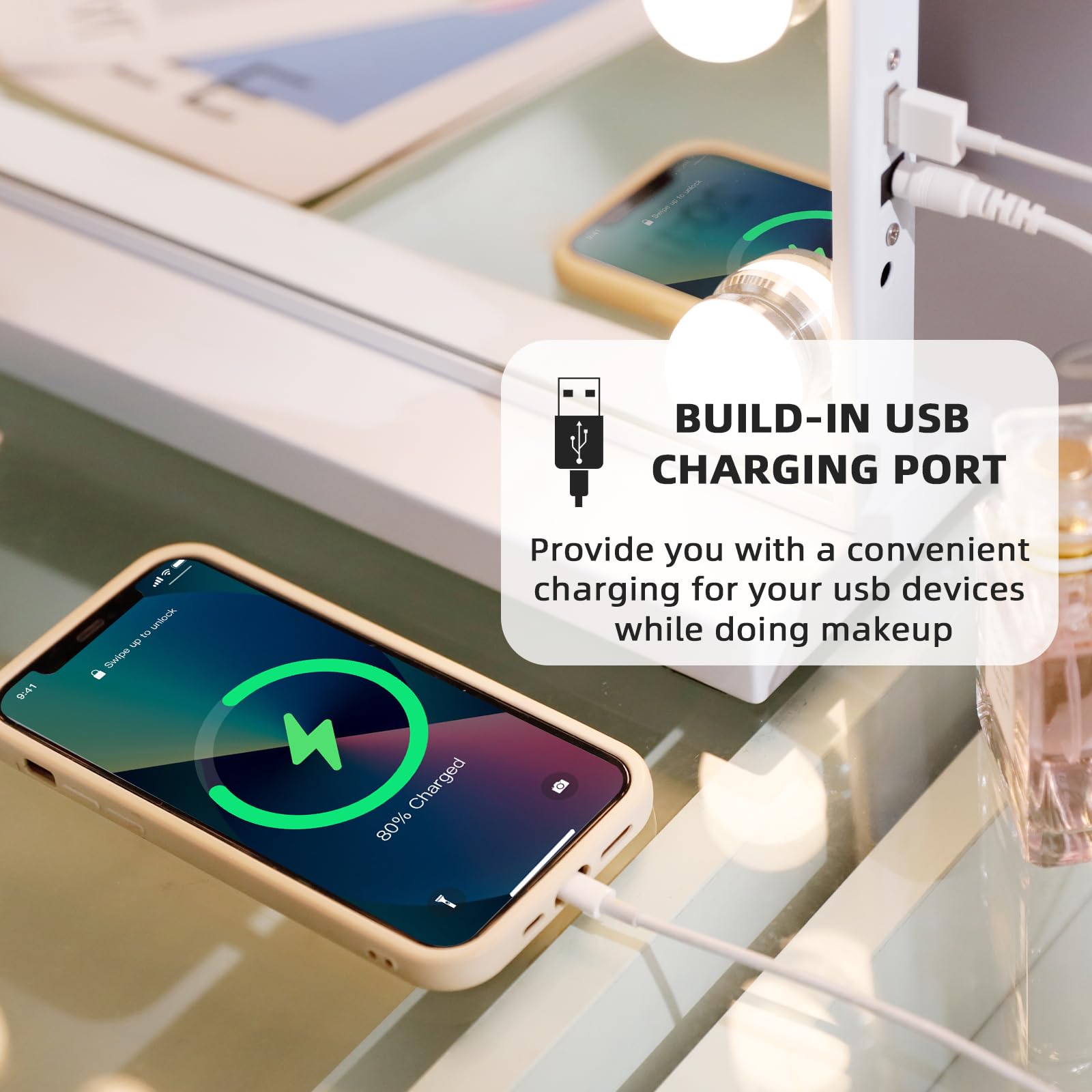 Misavanity Vanity Mirror With Lights White Hollywood Vanity Makeup Mirror With 15 Led Bulbs, Tempered Galss, Usb Charge Port And