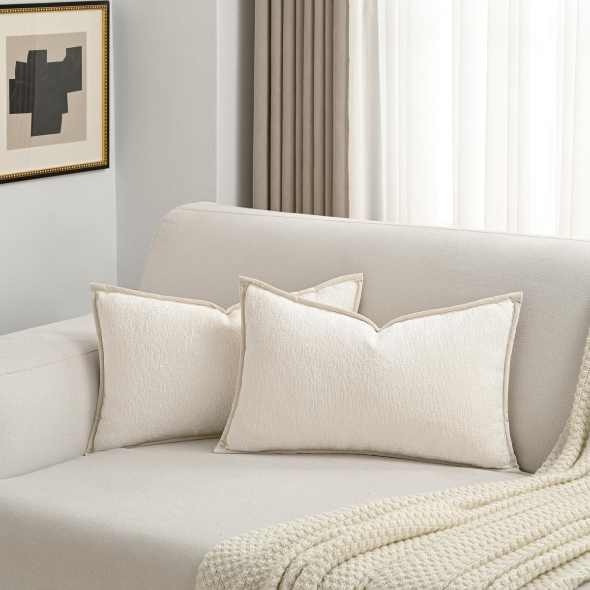 Futei Cream White Chenille Throw Pillow Covers 12X20 Inch Set Of 2,Soft Velvet Lumbar Pillow Cases,Home Decor For Couch Bed Livi