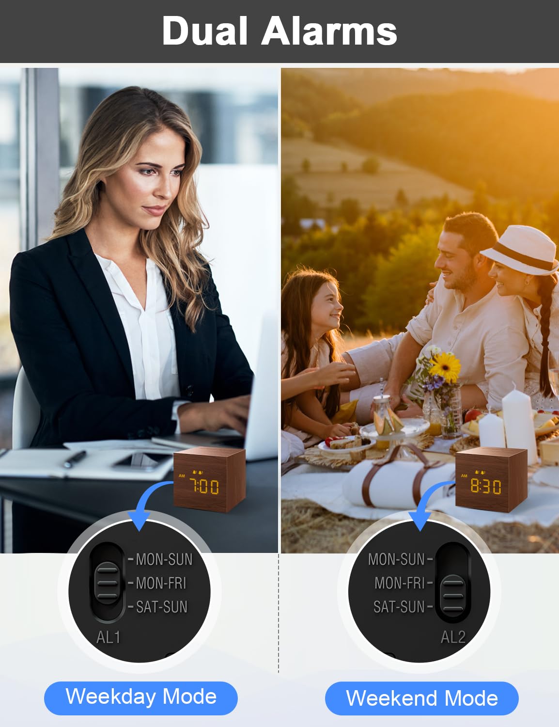 Jall Digital Alarm Clock, With Wooden Electronic Led Time Display, 3 Alarm, 2.5-Inch Cubic Small Mini Wood Made Electric Clocks